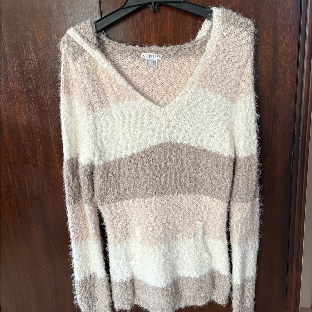 VENUS Women's V-Neck ultra soft hooded pullover Sweater - Cream and Brown